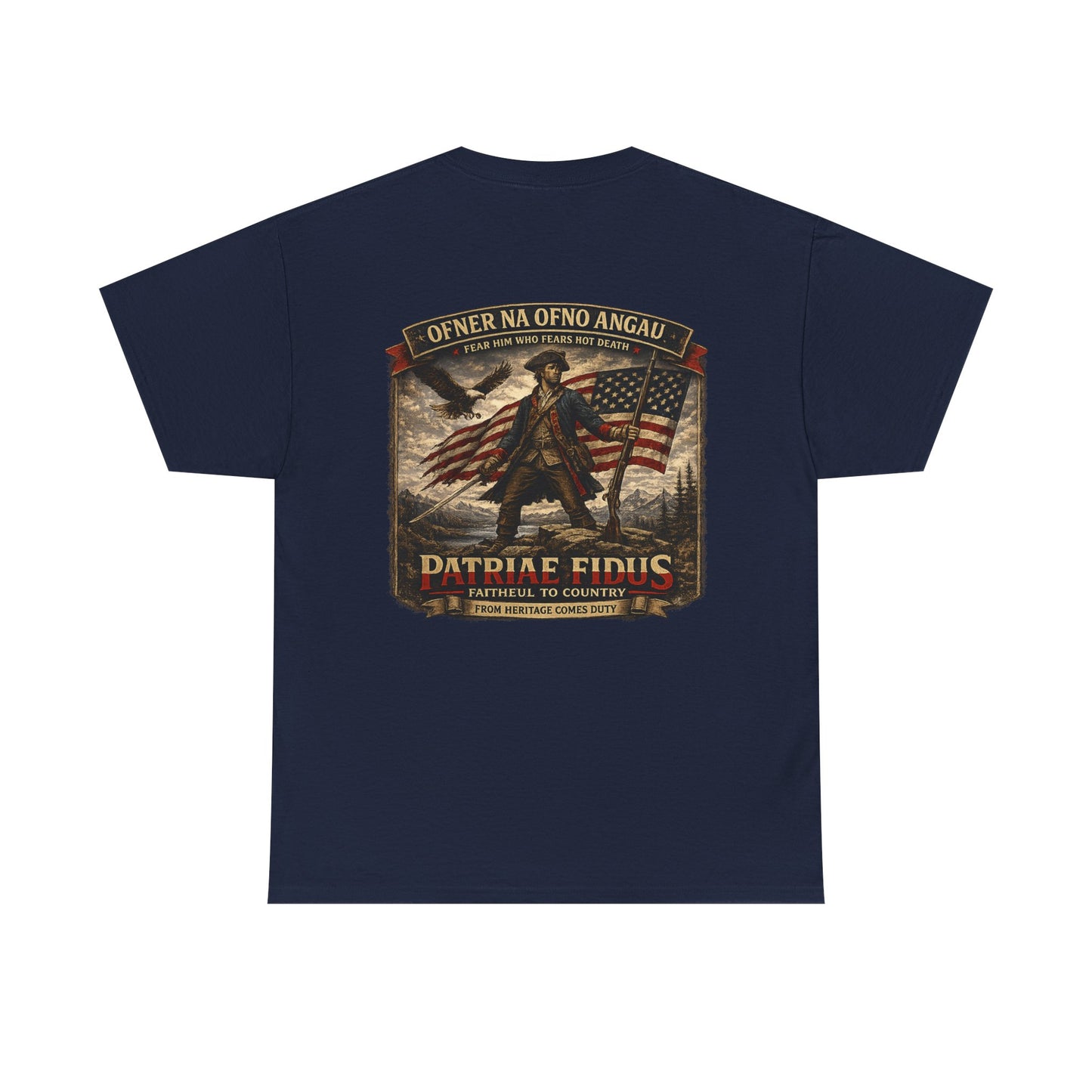 Patriae Fidus Patriotic Tee — Revolutionary Soldier Flag Graphic T‑Shirt