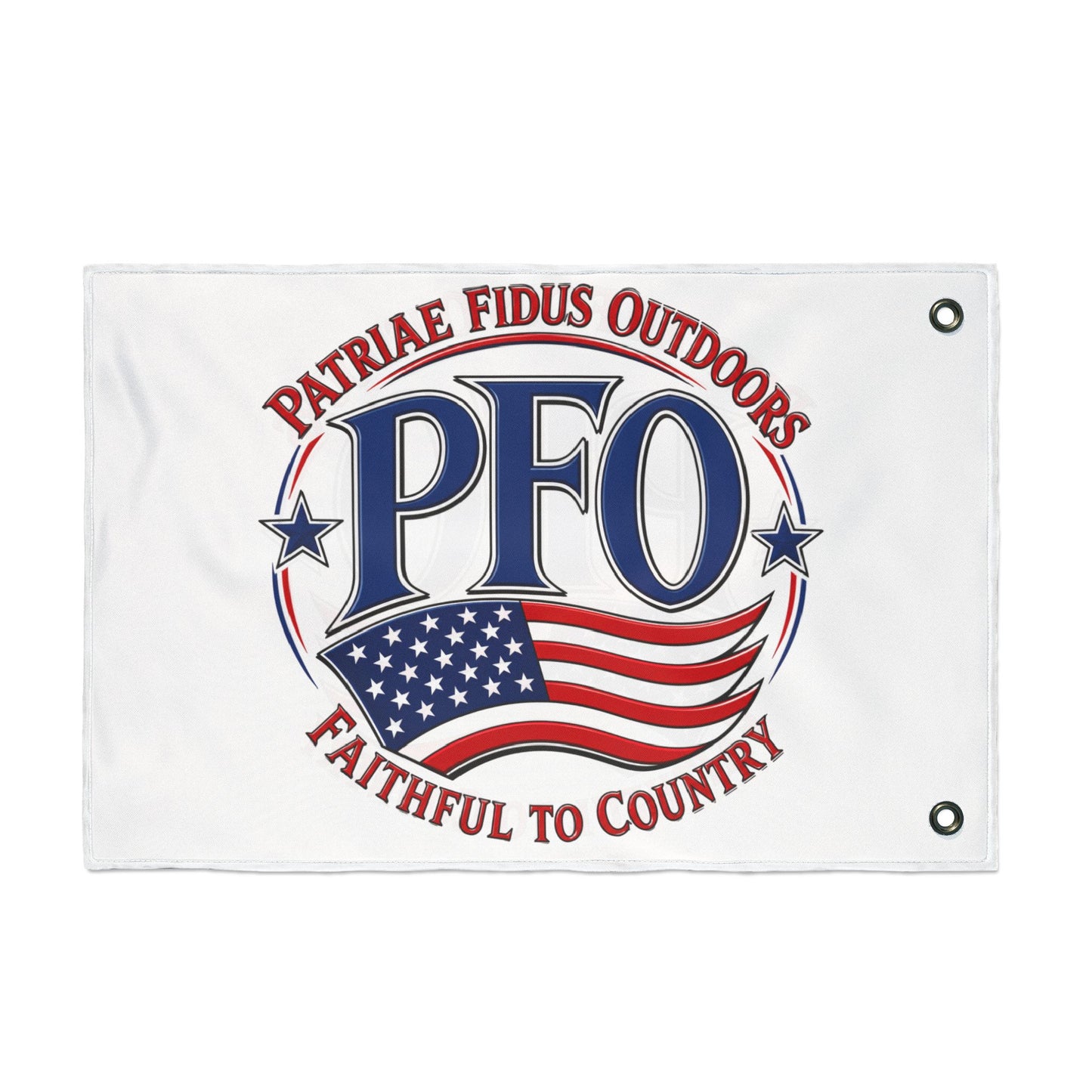 PFO Patriæ Fidus Outdoors Double-Sided Flag — Faithful to Country American Flag Emblem
