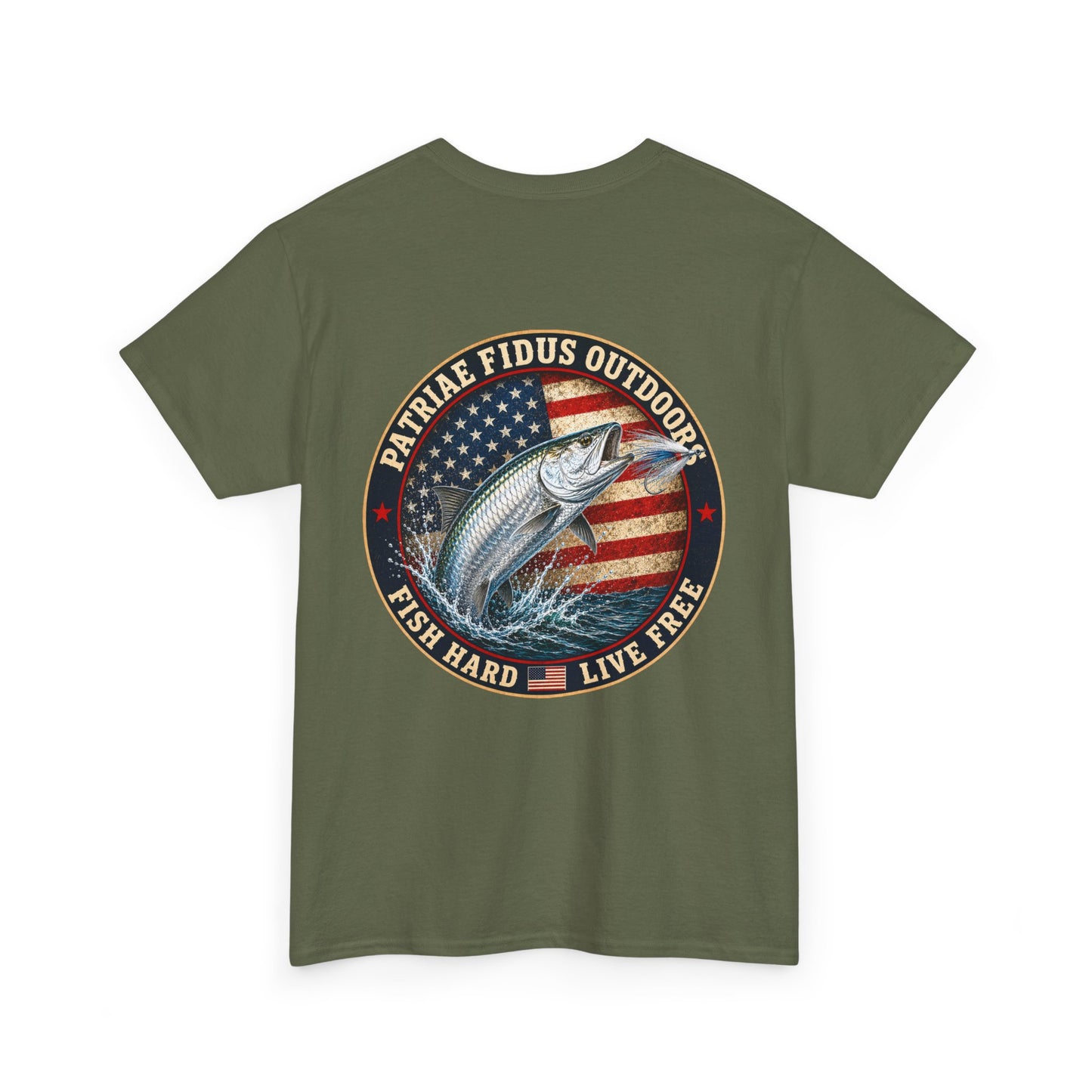 “Fish Hard Live Free” T-Shirt — Tarpon Patriae Fidus Outdoors American Flag Design