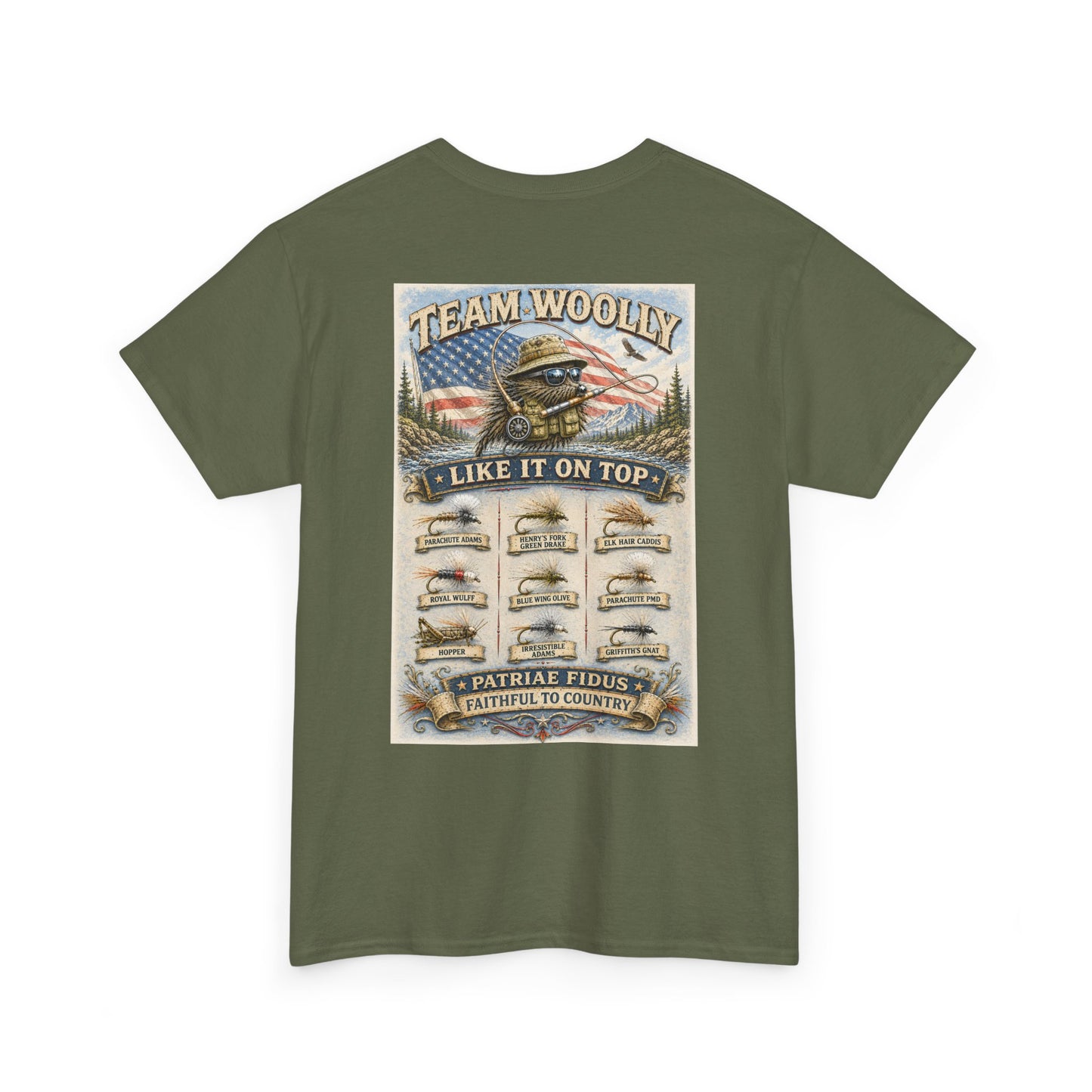 Team Woolly Dry Fly Collection T-Shirt: ("Like It On Top")