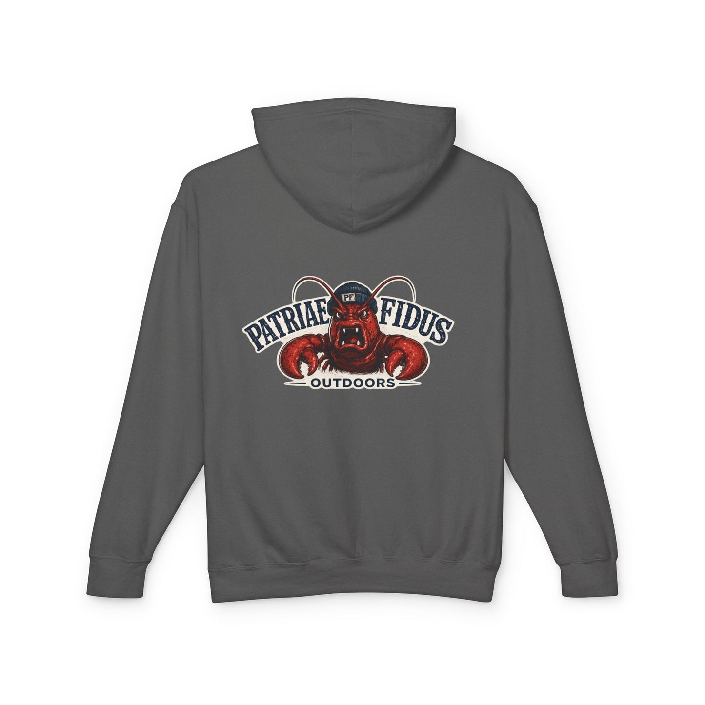 Patriae Fidus Outdoors Crab Logo Hoodie — Coastal Fishing Graphic Sweatshirt