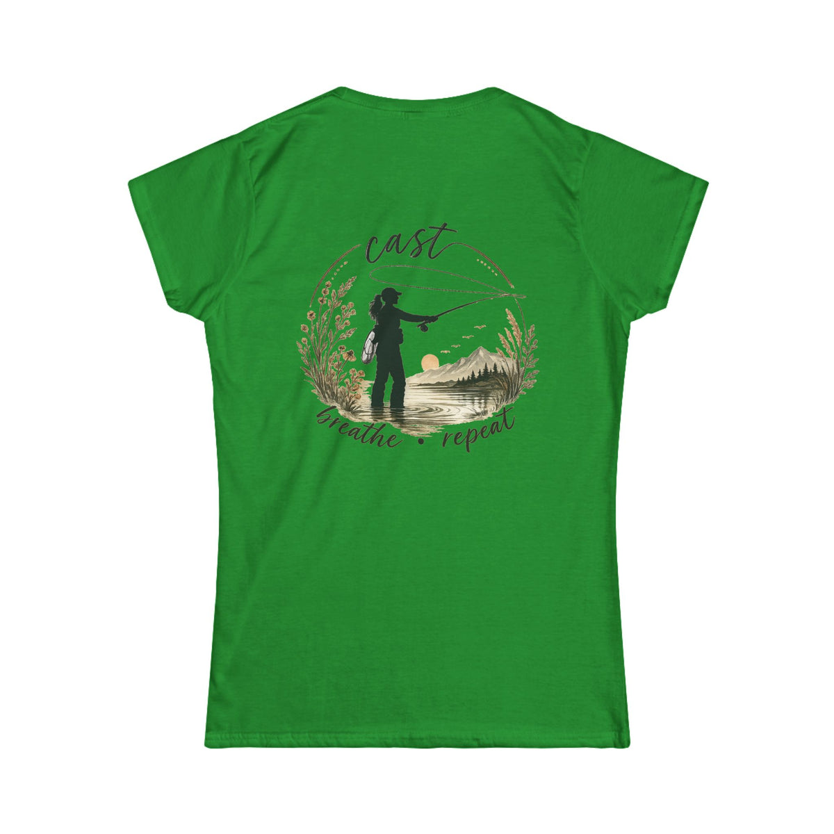 Women's Fly Fishing Tee — "Cast, Breathe, Repeat" Nature Graphic