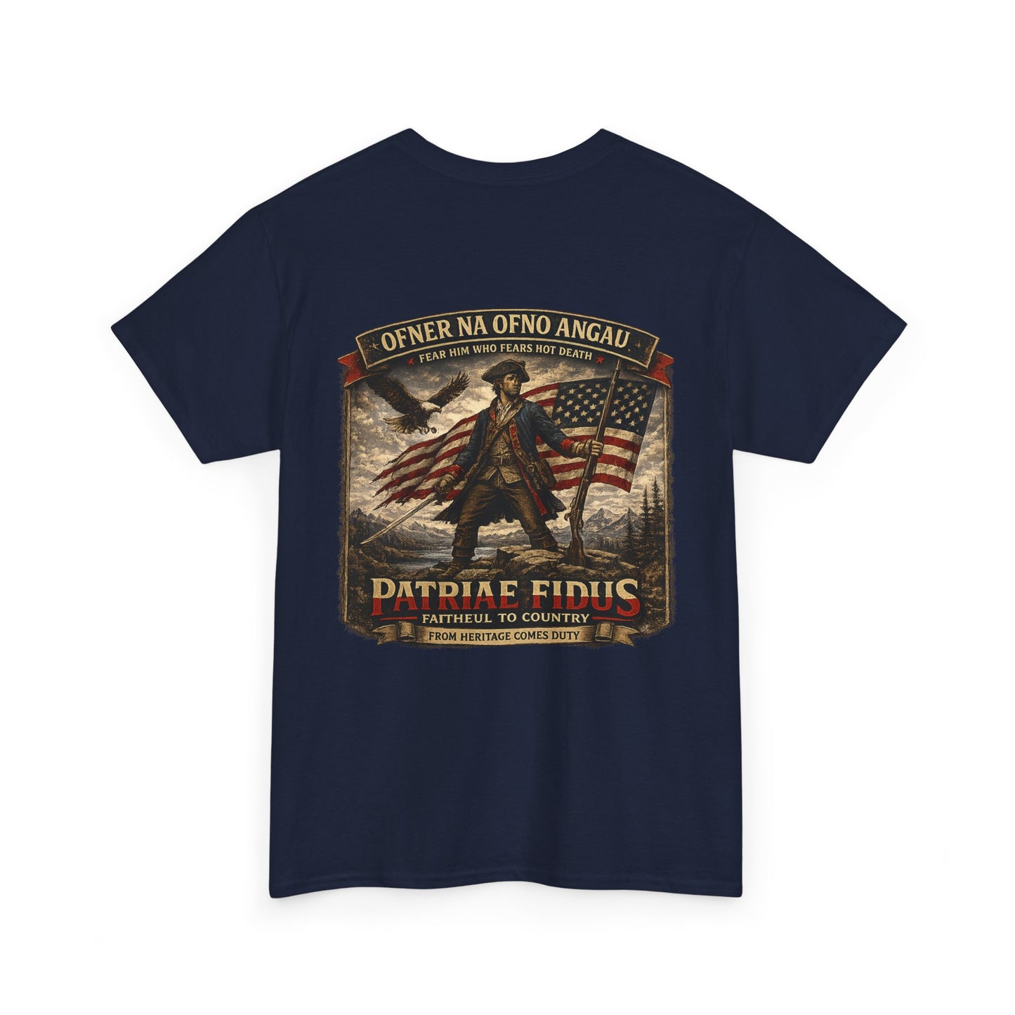Patriae Fidus Patriotic Tee — Revolutionary Soldier Flag Graphic T‑Shirt
