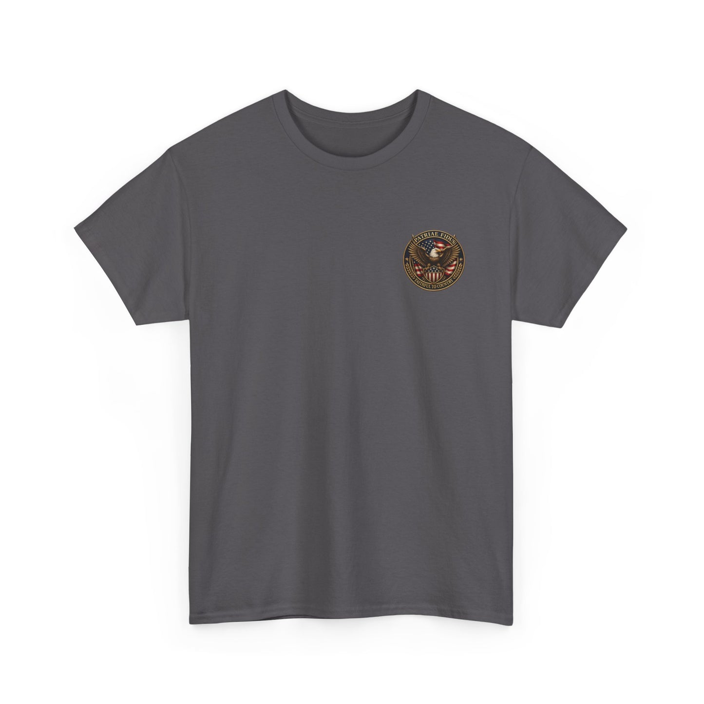 Patriae Fidus Patriotic Tee — Revolutionary Soldier Flag Graphic T‑Shirt