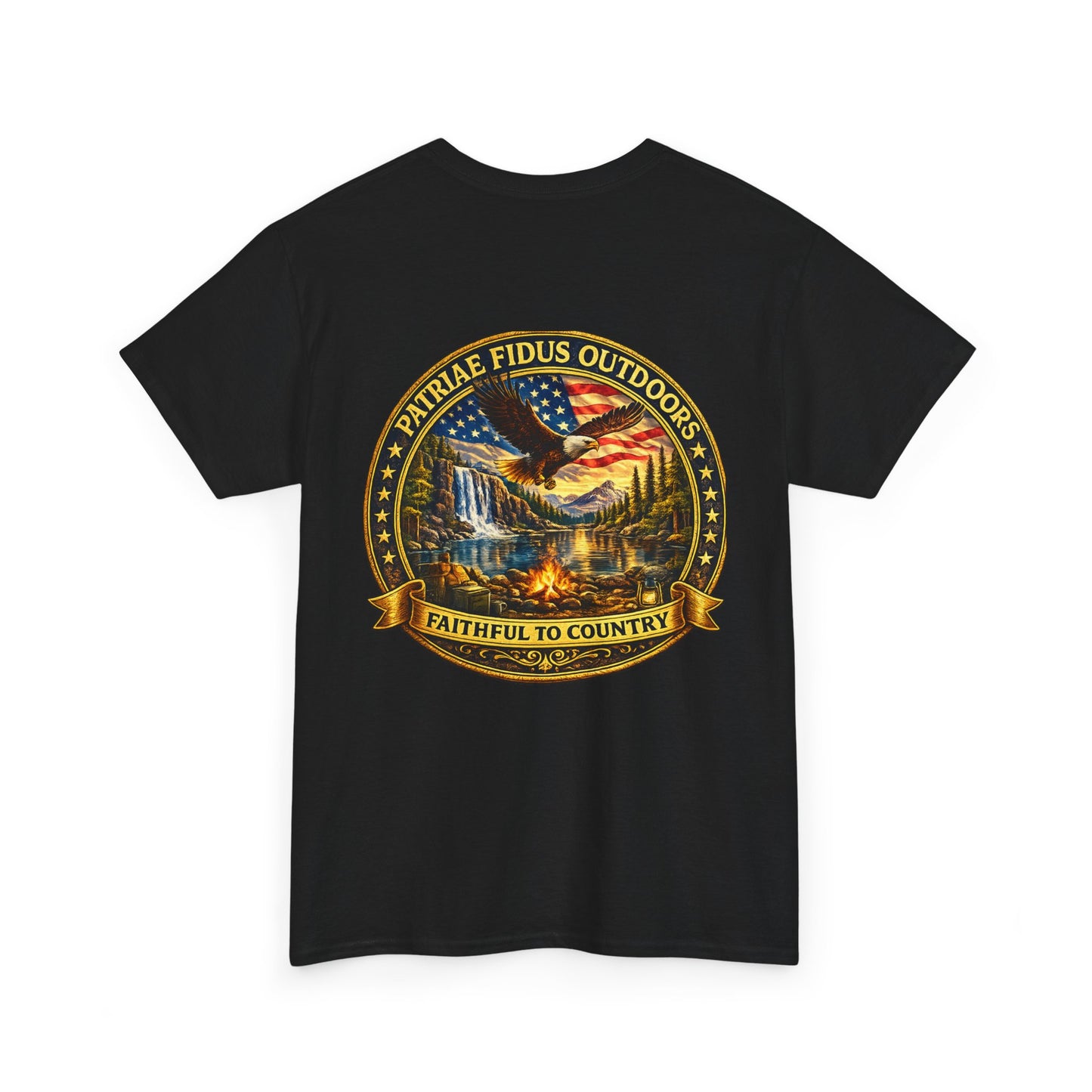 Patriae Fidus Outdoors Tee — Faithful to Country American Flag Eagle T‑Shirt