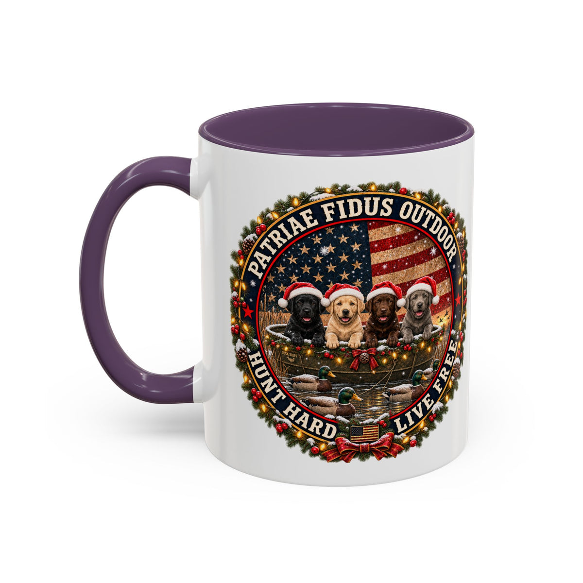 Patriæ Fidus Outdoor Christmas Coffee Mug — "Hunt Hard, Live Free" with Labrador Trio (11/15oz)