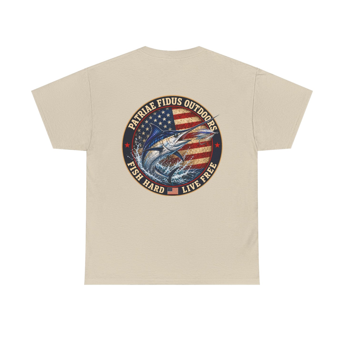 “Fish Hard Live Free” T-Shirt — Marlin Patriae Fidus Outdoors American Flag Design