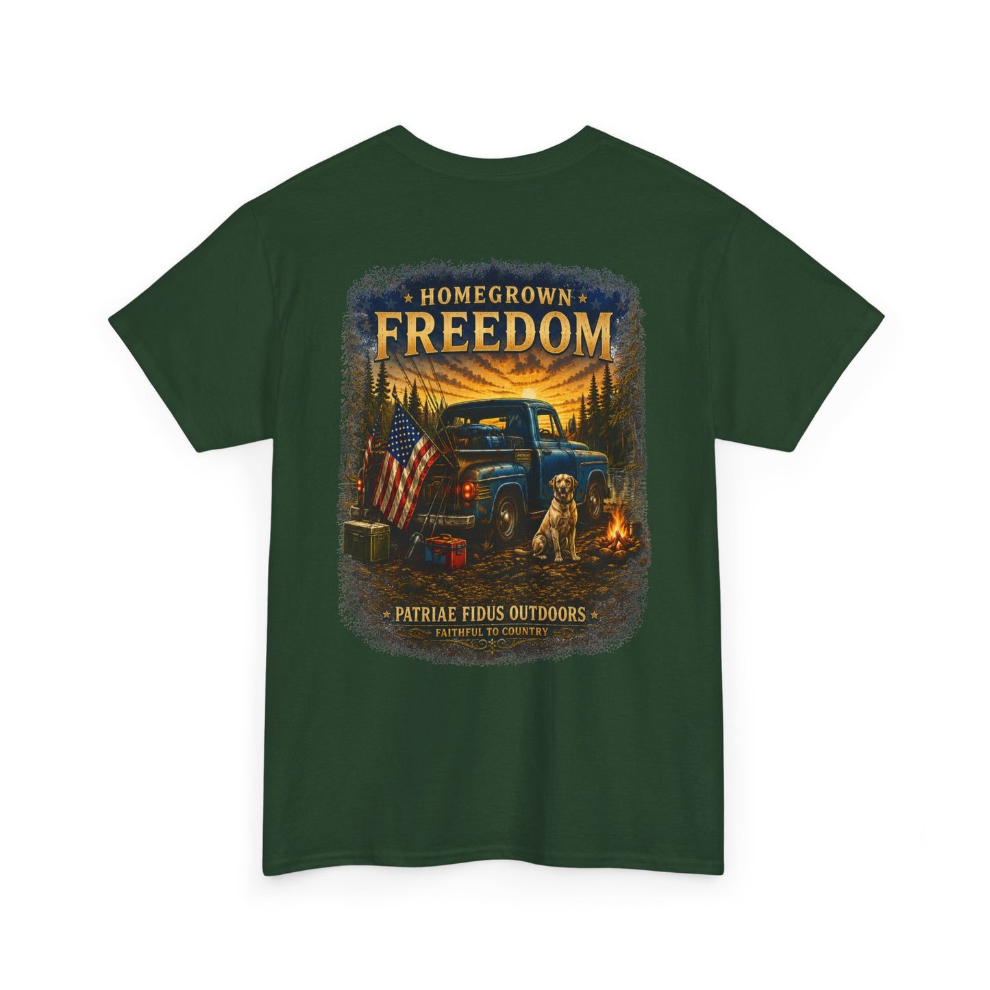 Homegrown Freedom Tee — Vintage Truck, American Flag & Campfire Graphic