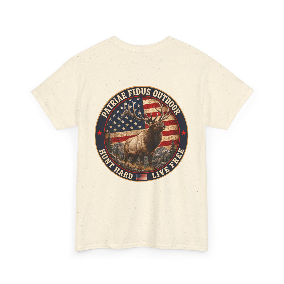 Hunting T-Shirt — Patriæ Fidus Outdoor 'Hunt Hard Live Free' American Flag Elk Tee