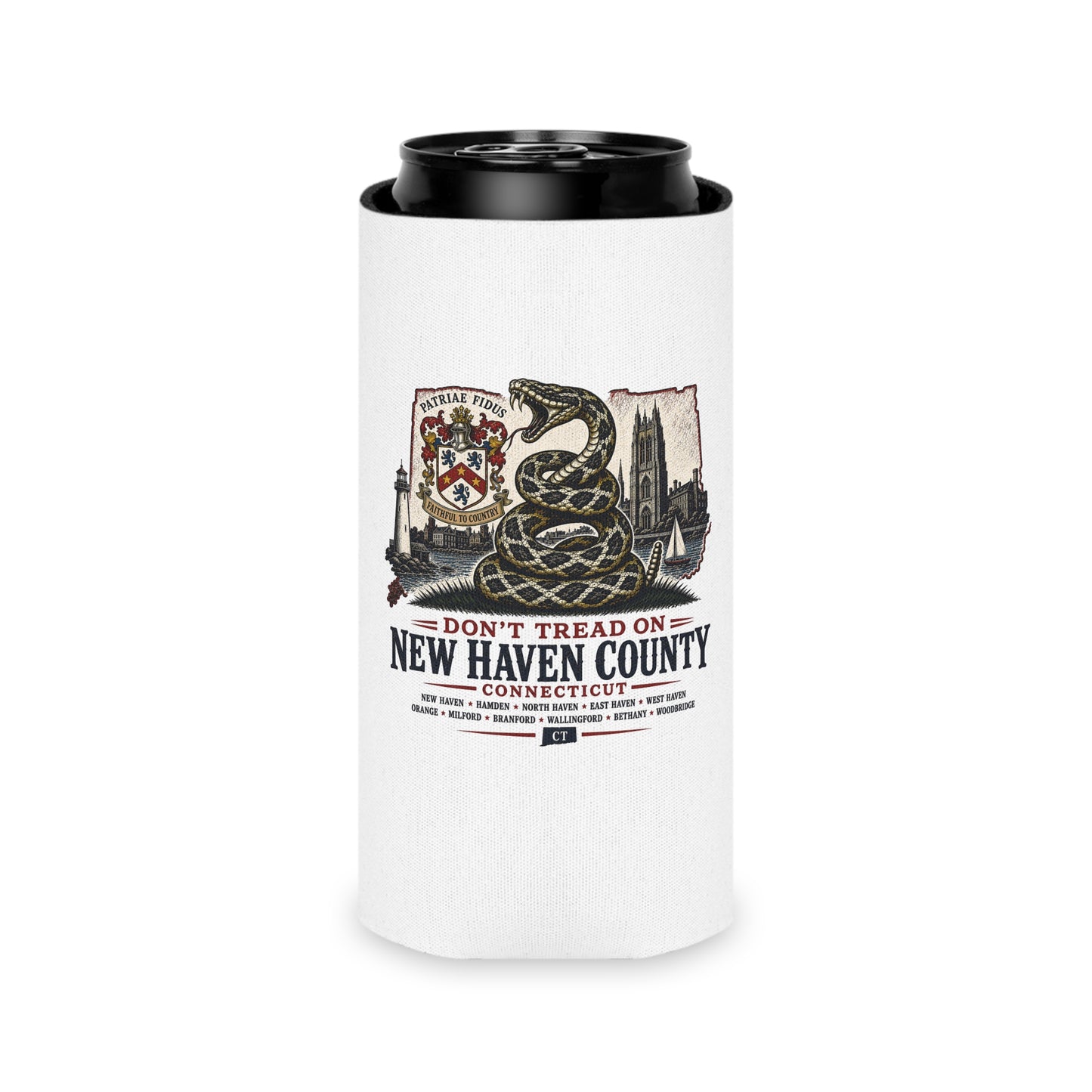 Can Cooler - "Don't Tread On New Haven County Connecticut" Snake Crest Design
