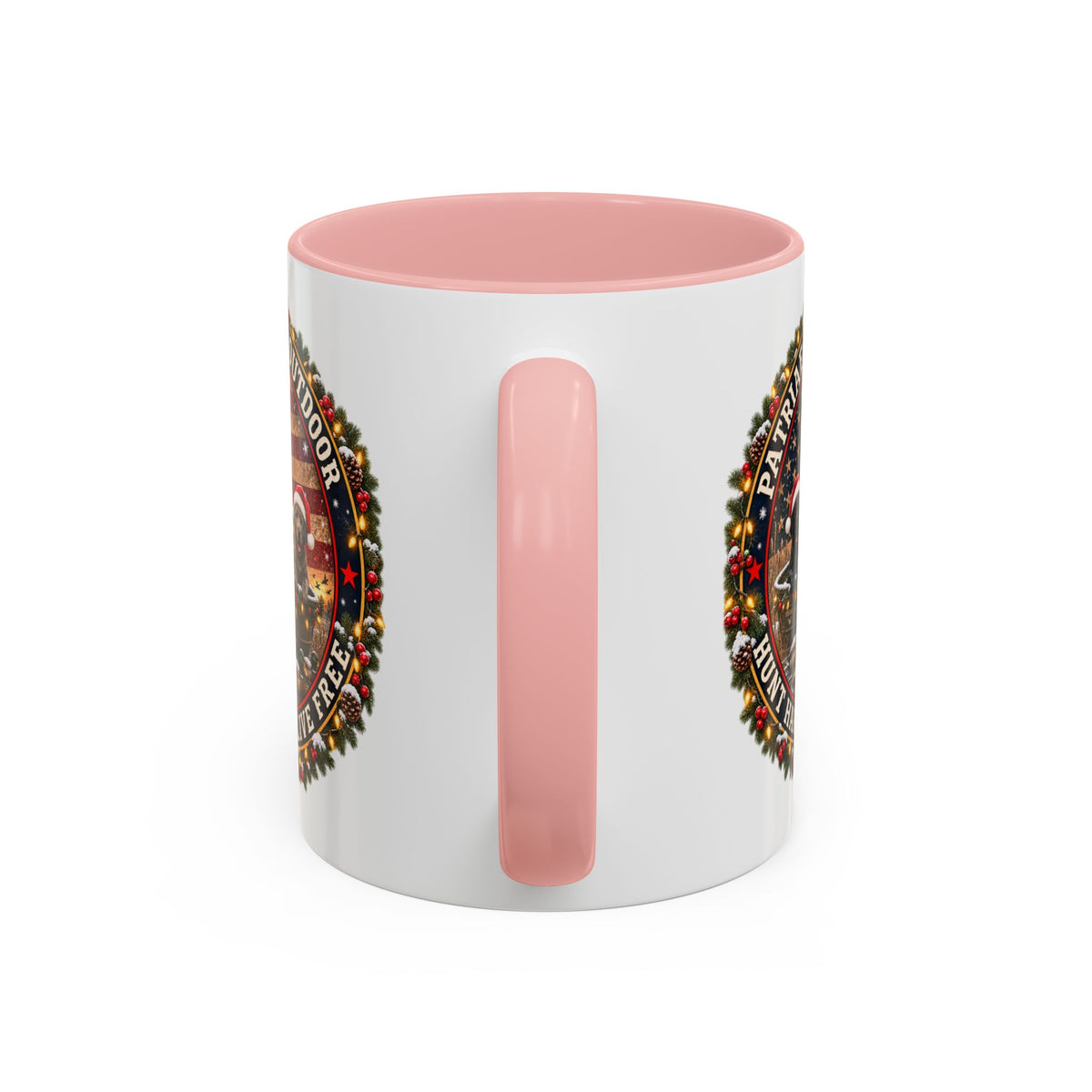 Patriæ Fidus Outdoor Christmas Coffee Mug — "Hunt Hard, Live Free" with Labrador Trio (11/15oz)