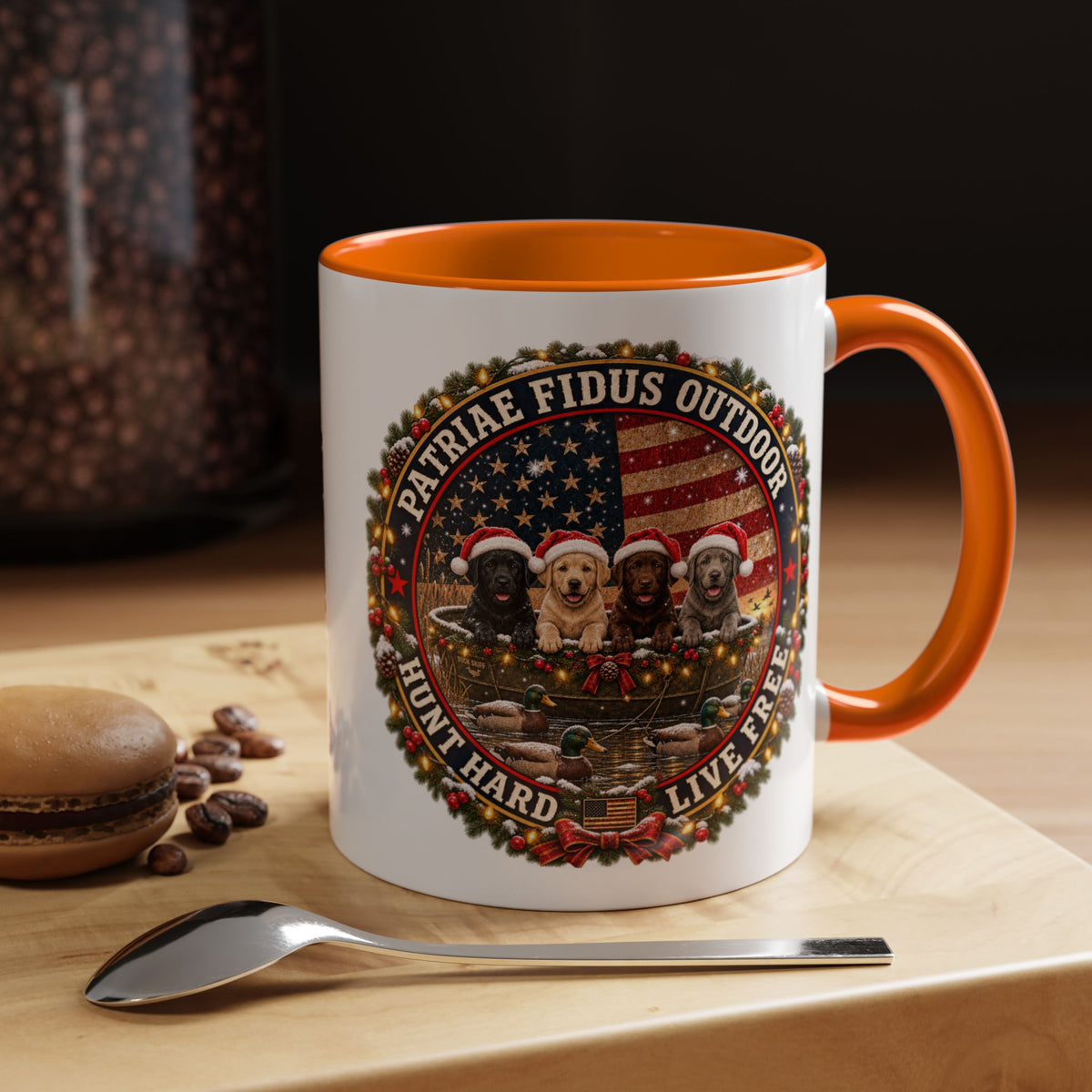 Patriæ Fidus Outdoor Christmas Coffee Mug — "Hunt Hard, Live Free" with Labrador Trio (11/15oz)