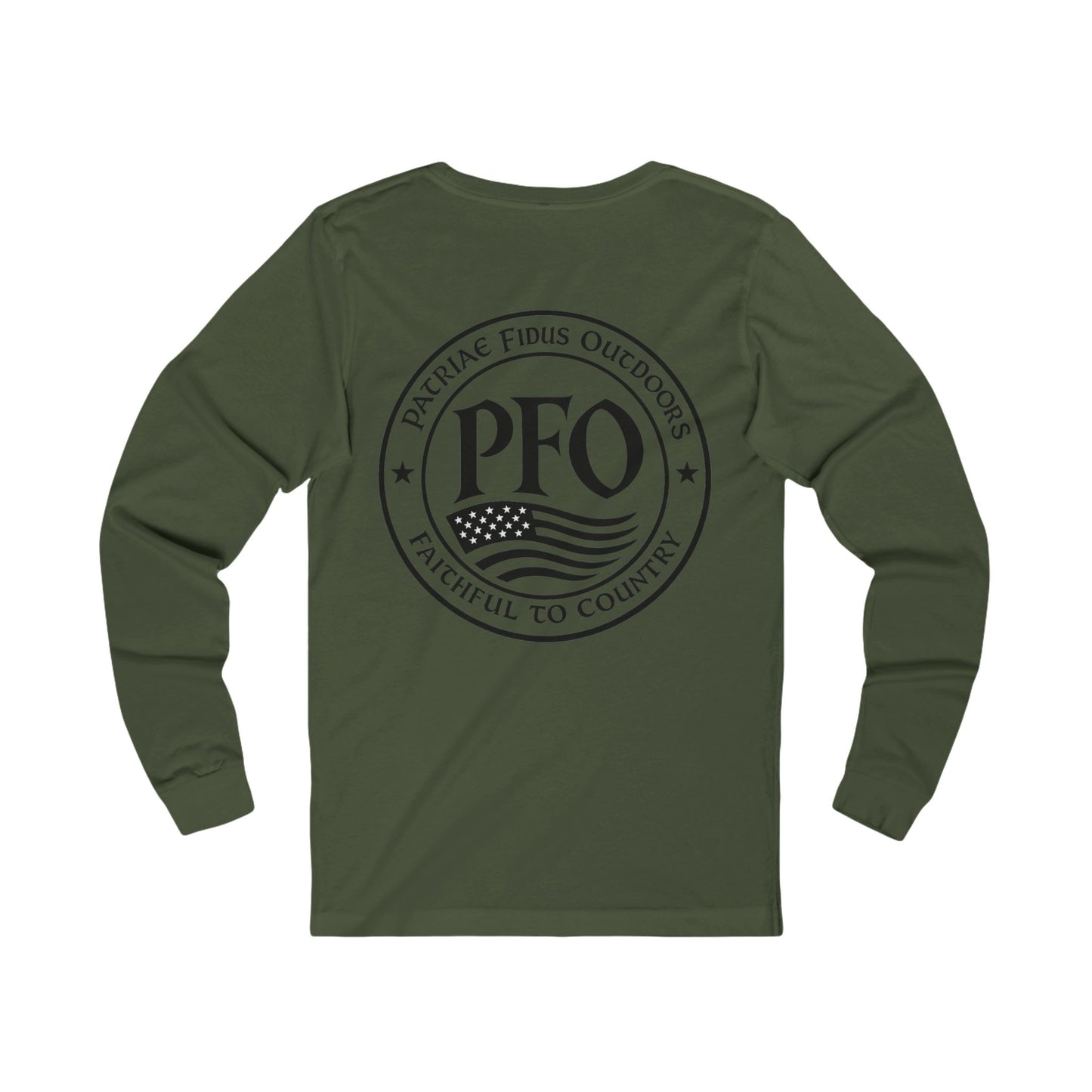 PFO Patriæ Fidūs Outdoors Long Sleeve Tee — American Flag Emblem