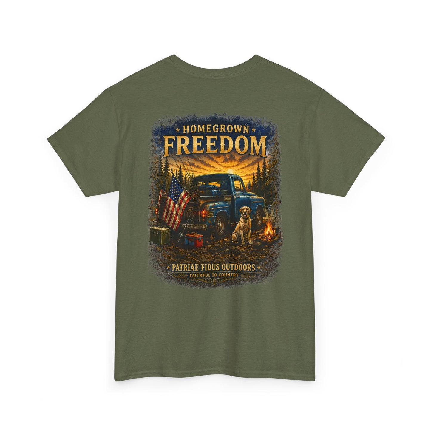 Homegrown Freedom Tee — Vintage Truck, American Flag & Campfire Graphic
