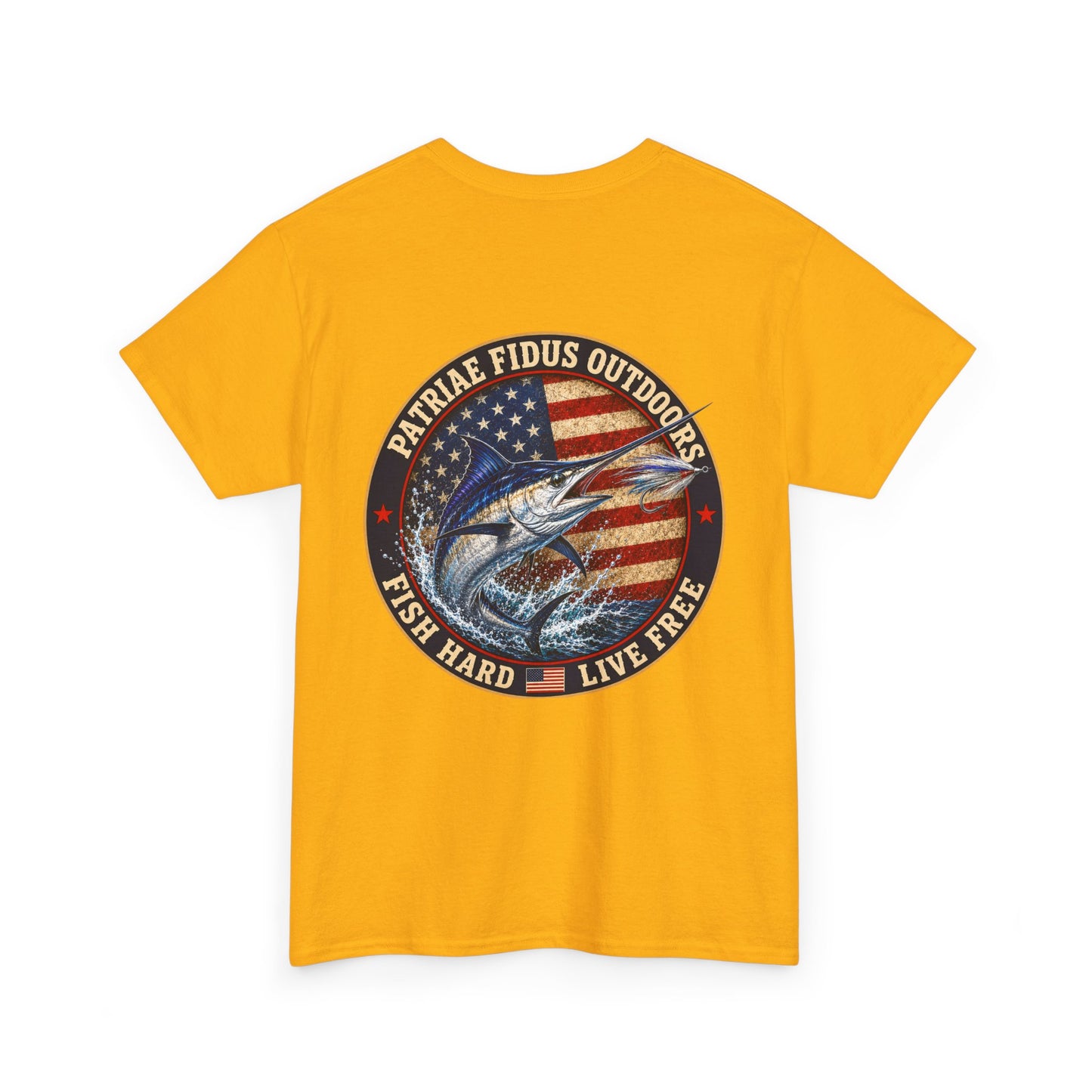 “Fish Hard Live Free” T-Shirt — Marlin Patriae Fidus Outdoors American Flag Design