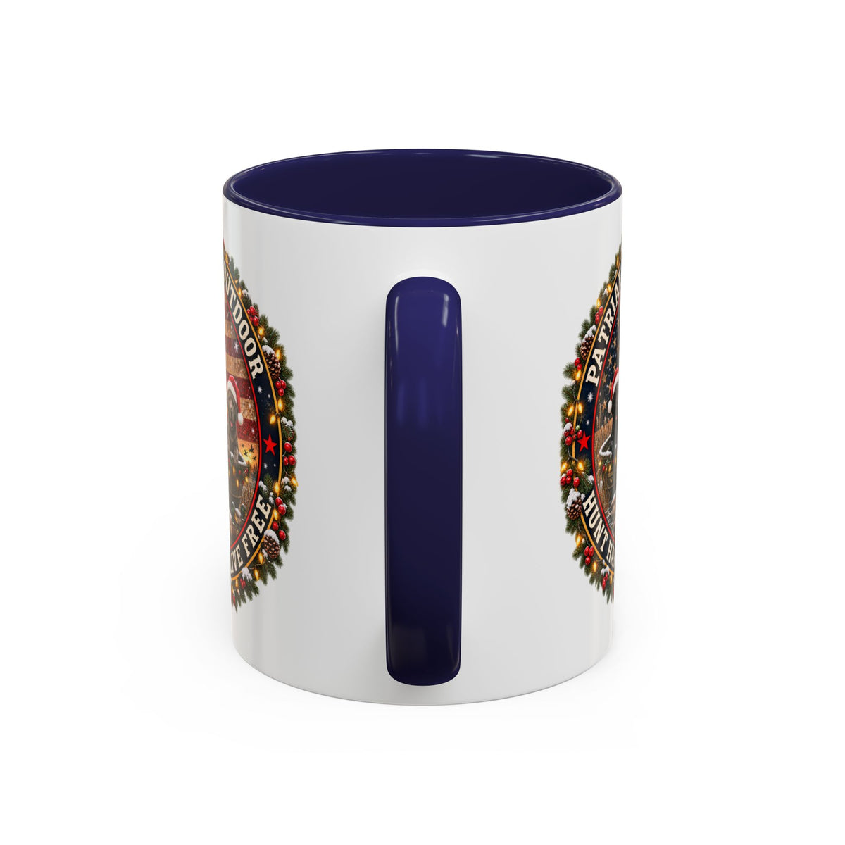 Patriæ Fidus Outdoor Christmas Coffee Mug — "Hunt Hard, Live Free" with Labrador Trio (11/15oz)