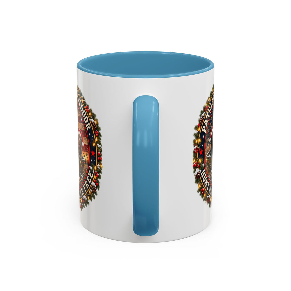 Patriæ Fidus Outdoor Christmas Coffee Mug — "Hunt Hard, Live Free" with Labrador Trio (11/15oz)