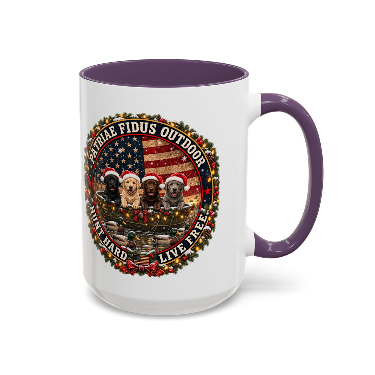 Patriæ Fidus Outdoor Christmas Coffee Mug — "Hunt Hard, Live Free" with Labrador Trio (11/15oz)