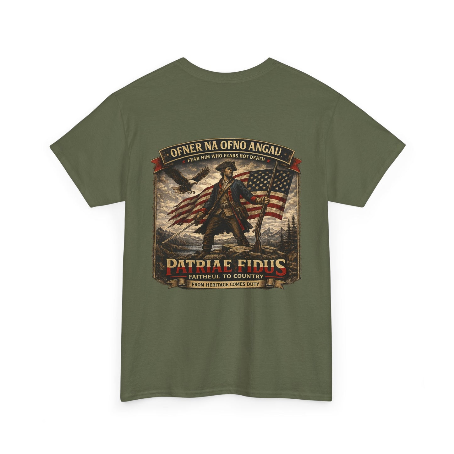 Patriae Fidus Patriotic Tee — Revolutionary Soldier Flag Graphic T‑Shirt