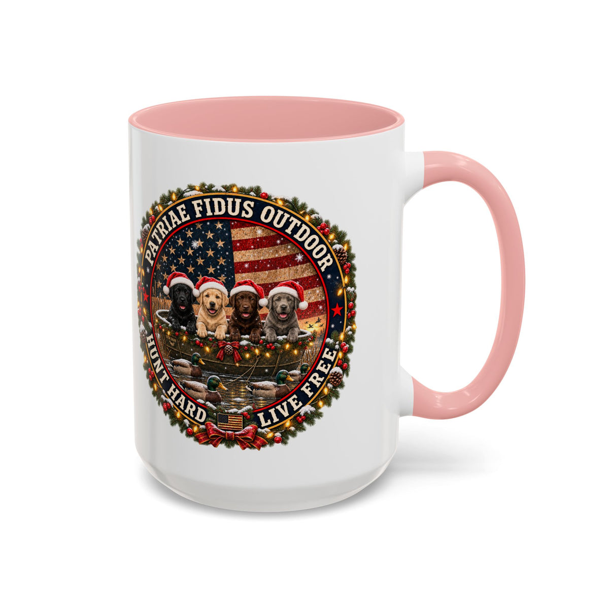 Patriæ Fidus Outdoor Christmas Coffee Mug — "Hunt Hard, Live Free" with Labrador Trio (11/15oz)