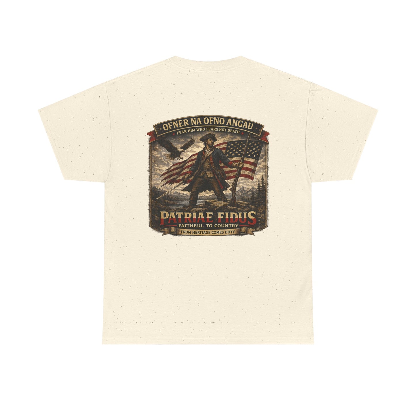 Patriae Fidus Patriotic Tee — Revolutionary Soldier Flag Graphic T‑Shirt