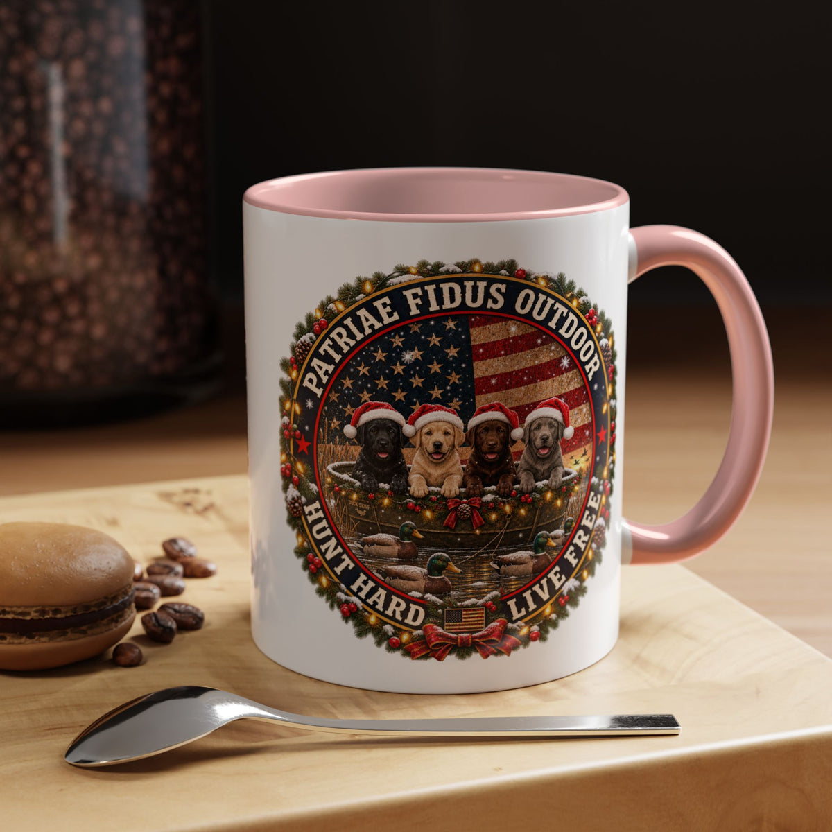 Patriæ Fidus Outdoor Christmas Coffee Mug — "Hunt Hard, Live Free" with Labrador Trio (11/15oz)