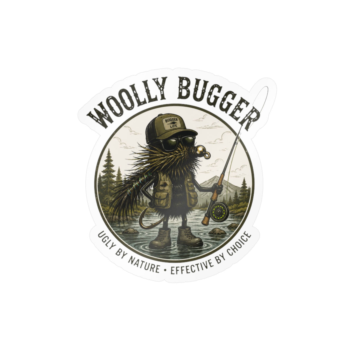 Kiss-Cut Vinyl Decal — "Woolly Bugger" Fly-Fishing Sticker (Ugly by Nature • Outdoor Angler Gift)