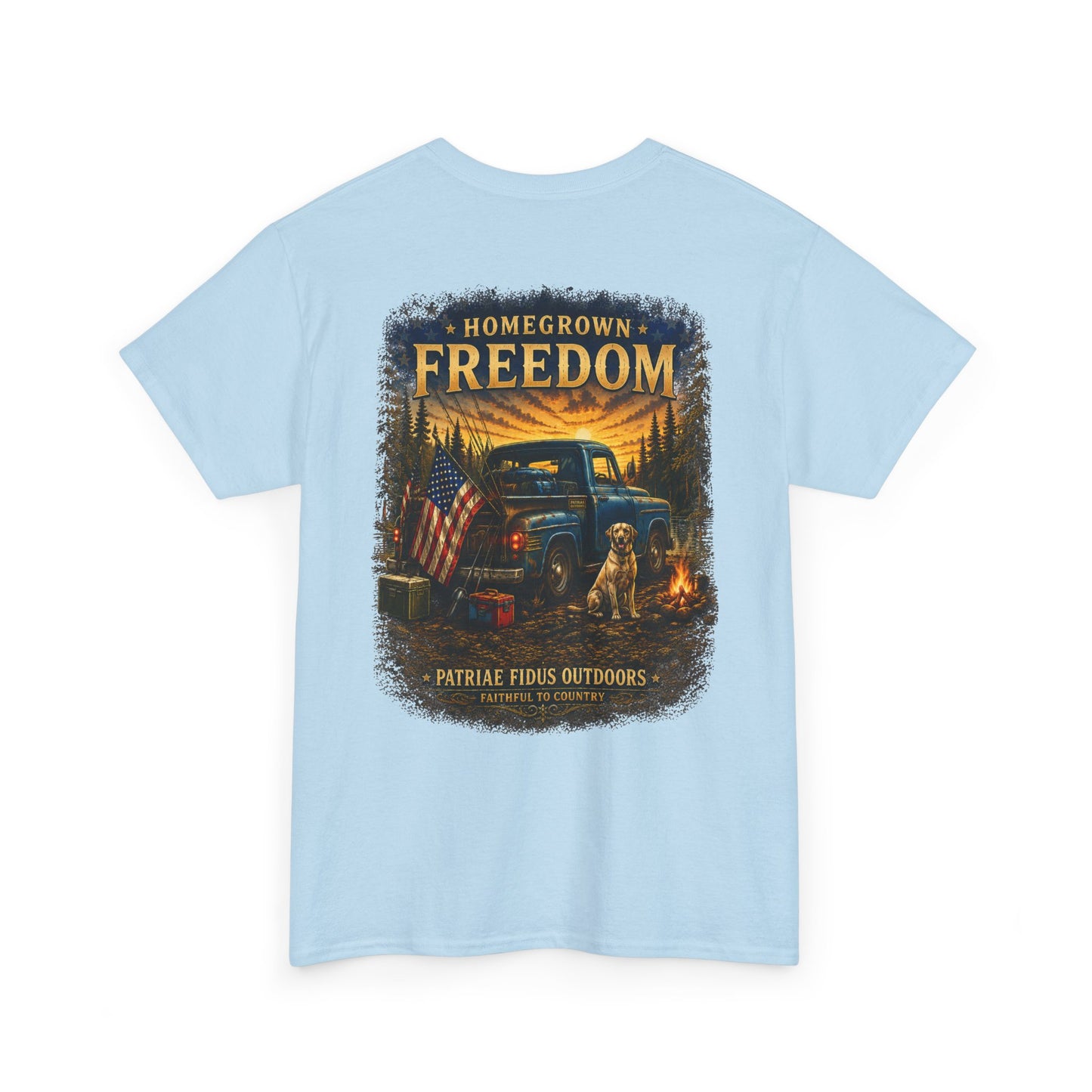 Homegrown Freedom Tee — Vintage Truck, American Flag & Campfire Graphic