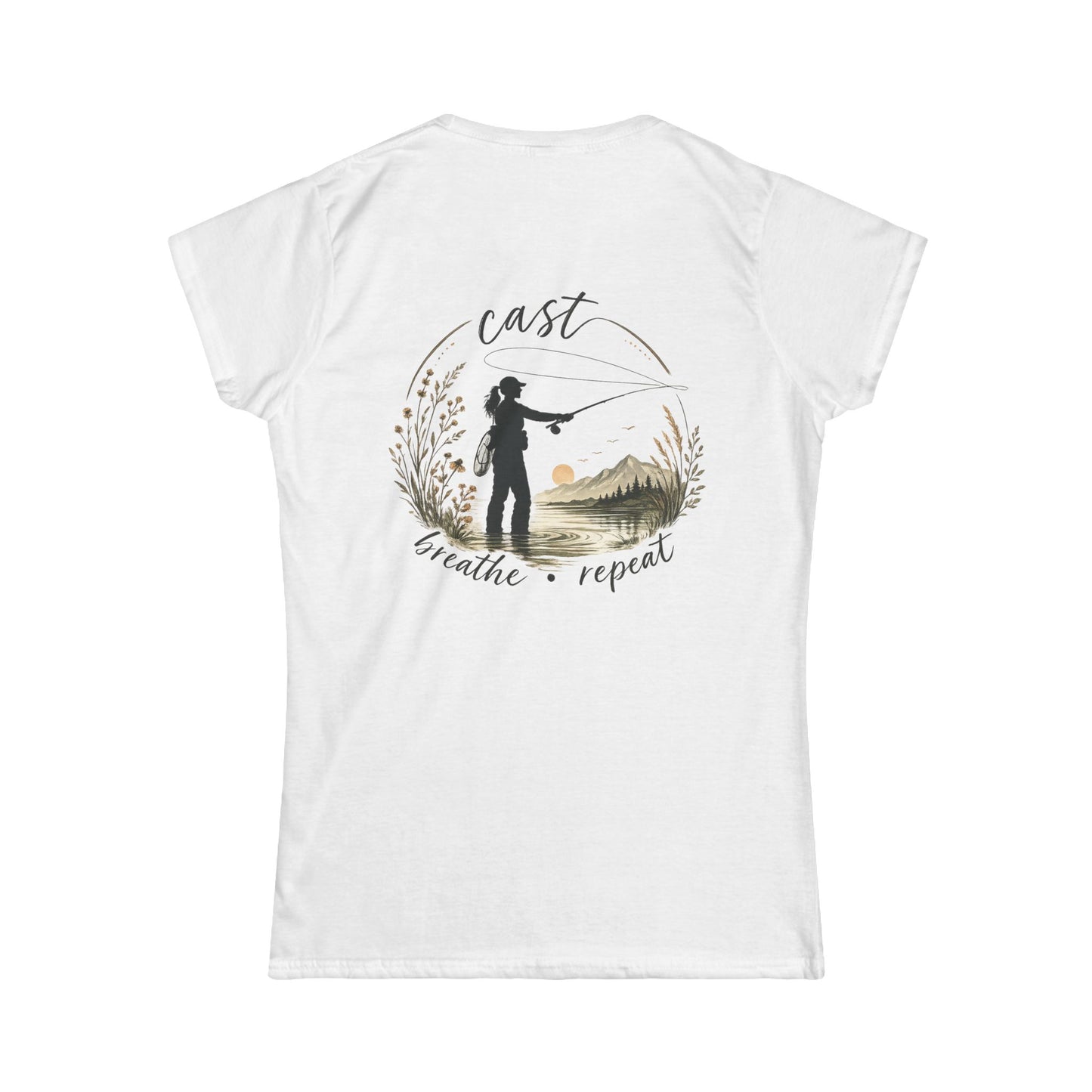 Women's Fly Fishing Tee — "Cast, Breathe, Repeat" Nature Graphic