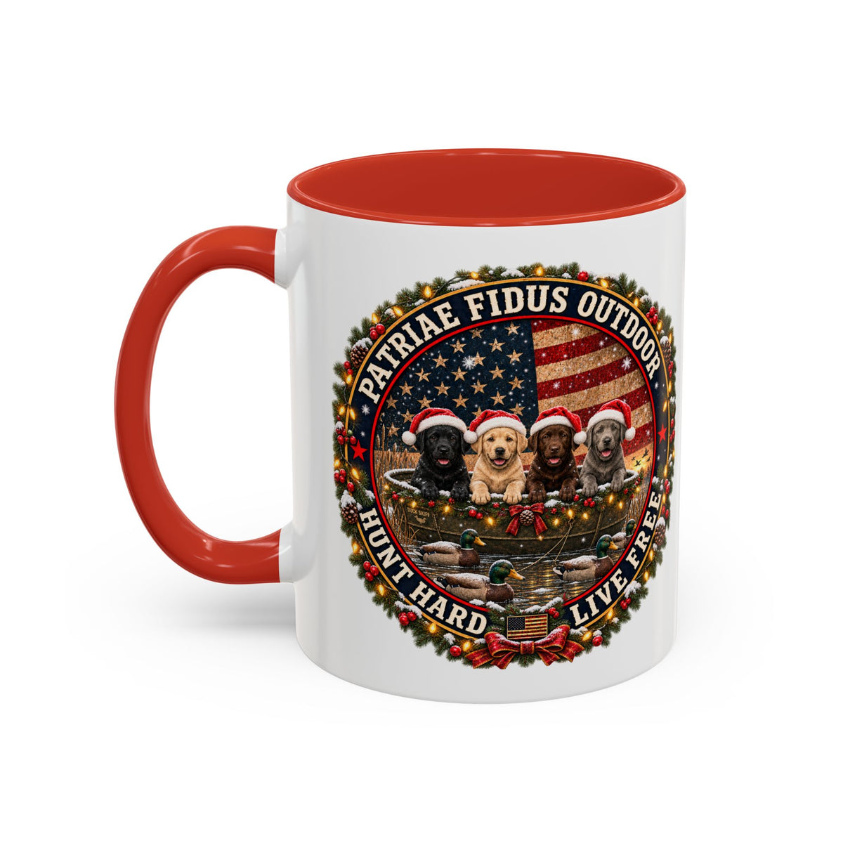 Patriæ Fidus Outdoor Christmas Coffee Mug — "Hunt Hard, Live Free" with Labrador Trio (11/15oz)