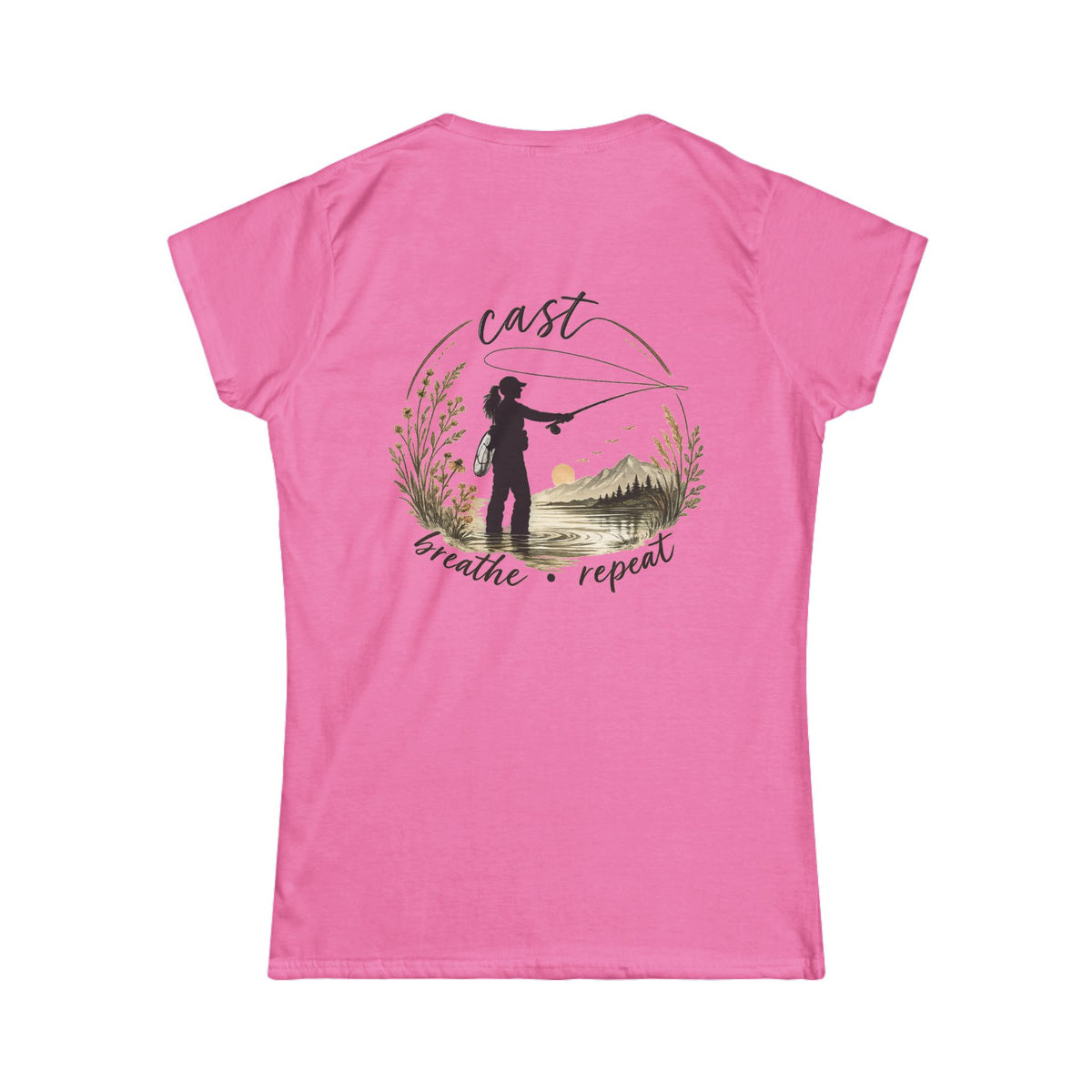 Women's Fly Fishing Tee — "Cast, Breathe, Repeat" Nature Graphic
