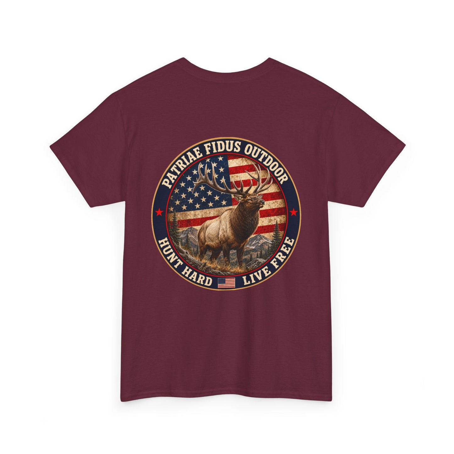 Hunting T-Shirt — Patriæ Fidus Outdoor 'Hunt Hard Live Free' American Flag Elk Tee