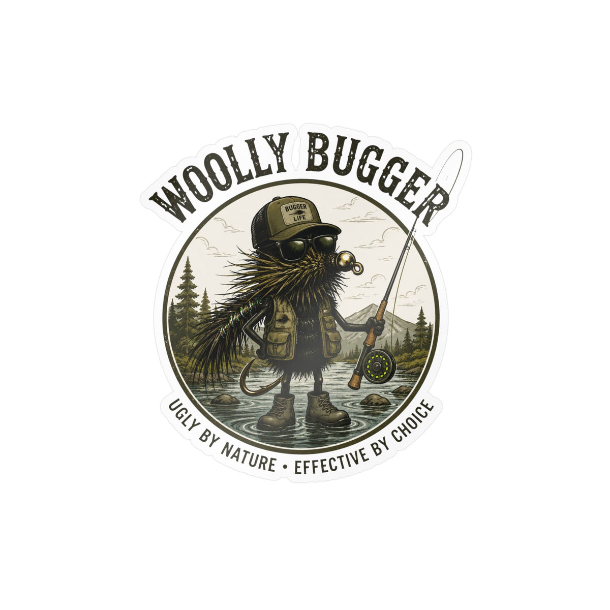 Kiss-Cut Vinyl Decal — "Woolly Bugger" Fly-Fishing Sticker (Ugly by Nature • Outdoor Angler Gift)