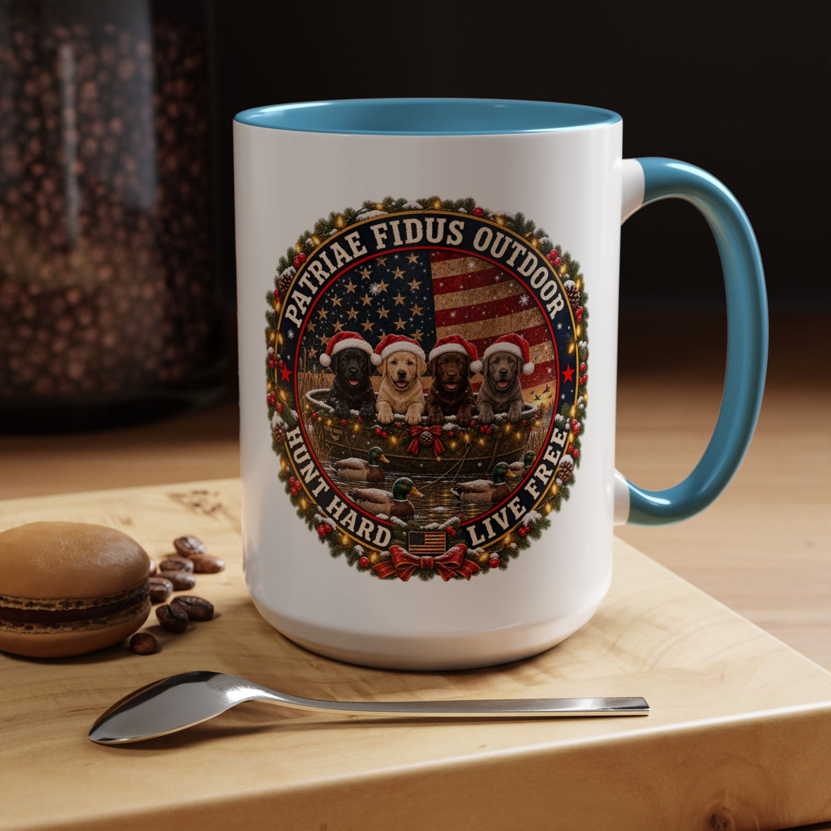 Patriæ Fidus Outdoor Christmas Coffee Mug — "Hunt Hard, Live Free" with Labrador Trio (11/15oz)