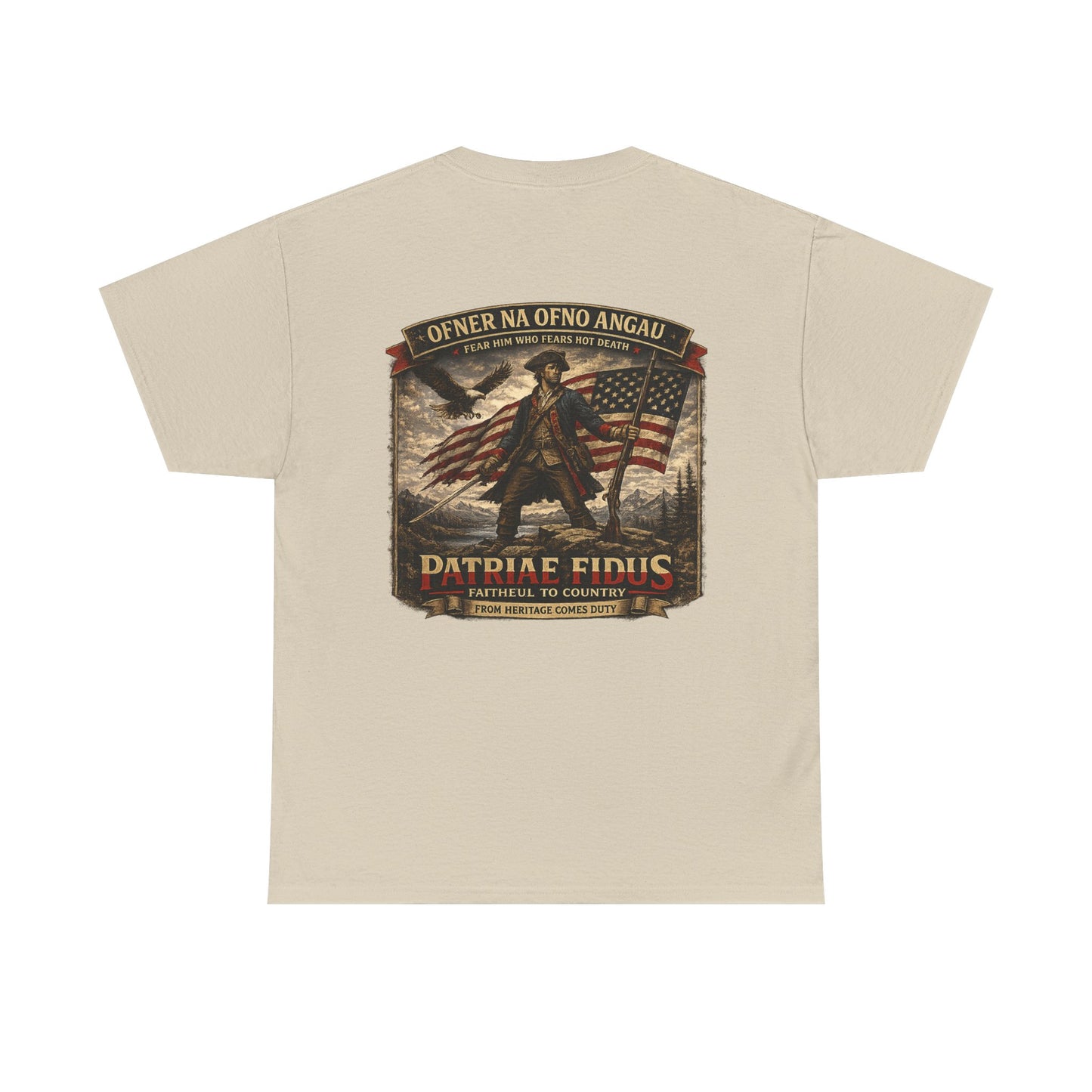 Patriae Fidus Patriotic Tee — Revolutionary Soldier Flag Graphic T‑Shirt