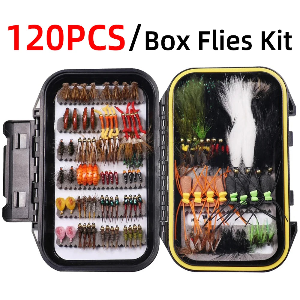 120PCS/Box Fly Fishing Lure Kit Dry Wet Flies Nymphs Woolly Buggers Streamers Emerger Worms Bass Trout Grayling Fishing Bait