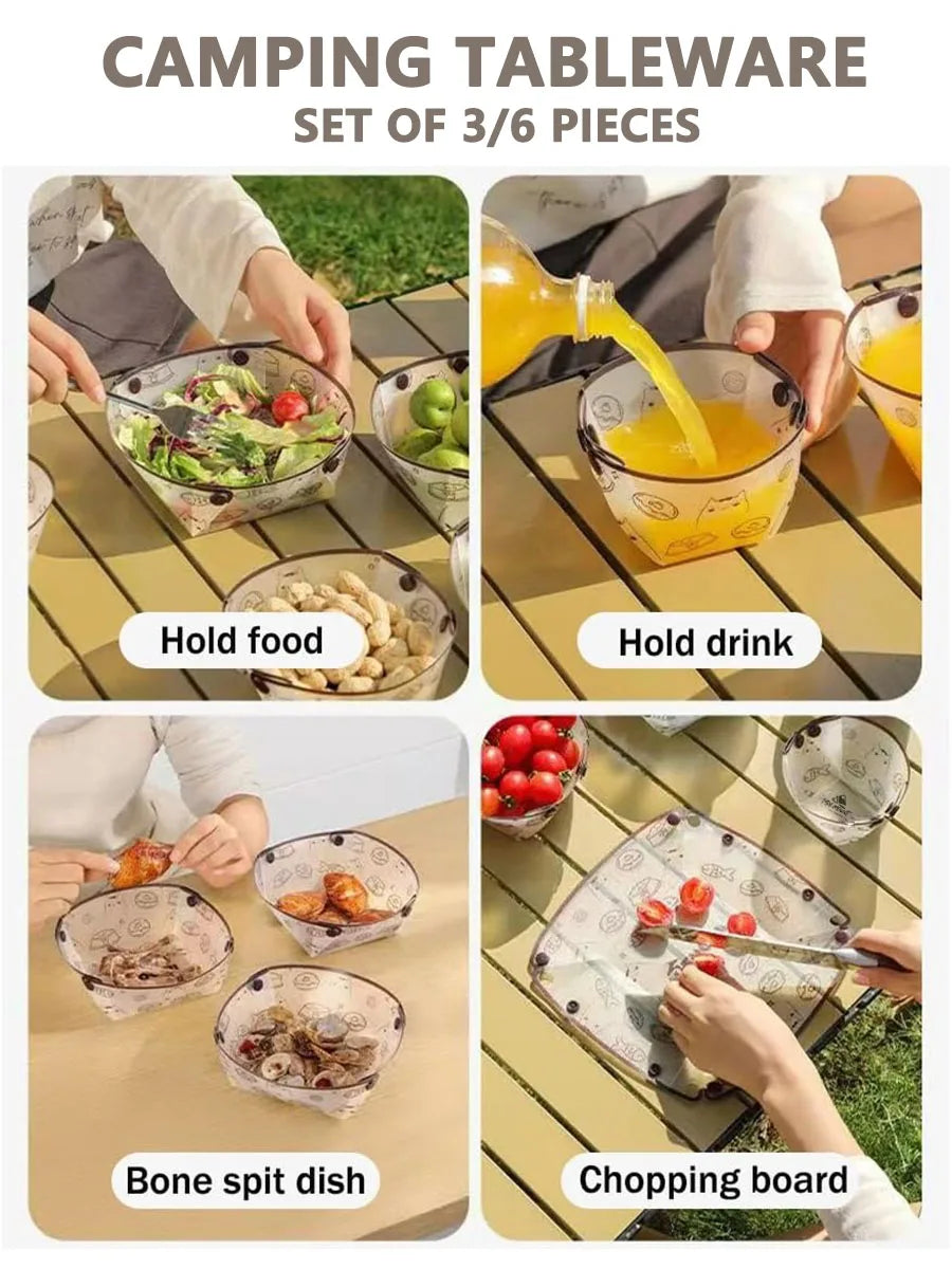 Portable Camping Tableware Set of 3/6 Pieces, Folding Plate,Bowl, Water Cup,Easy-Clean,Ultra-Light, Heat-Resistant,Collapsible