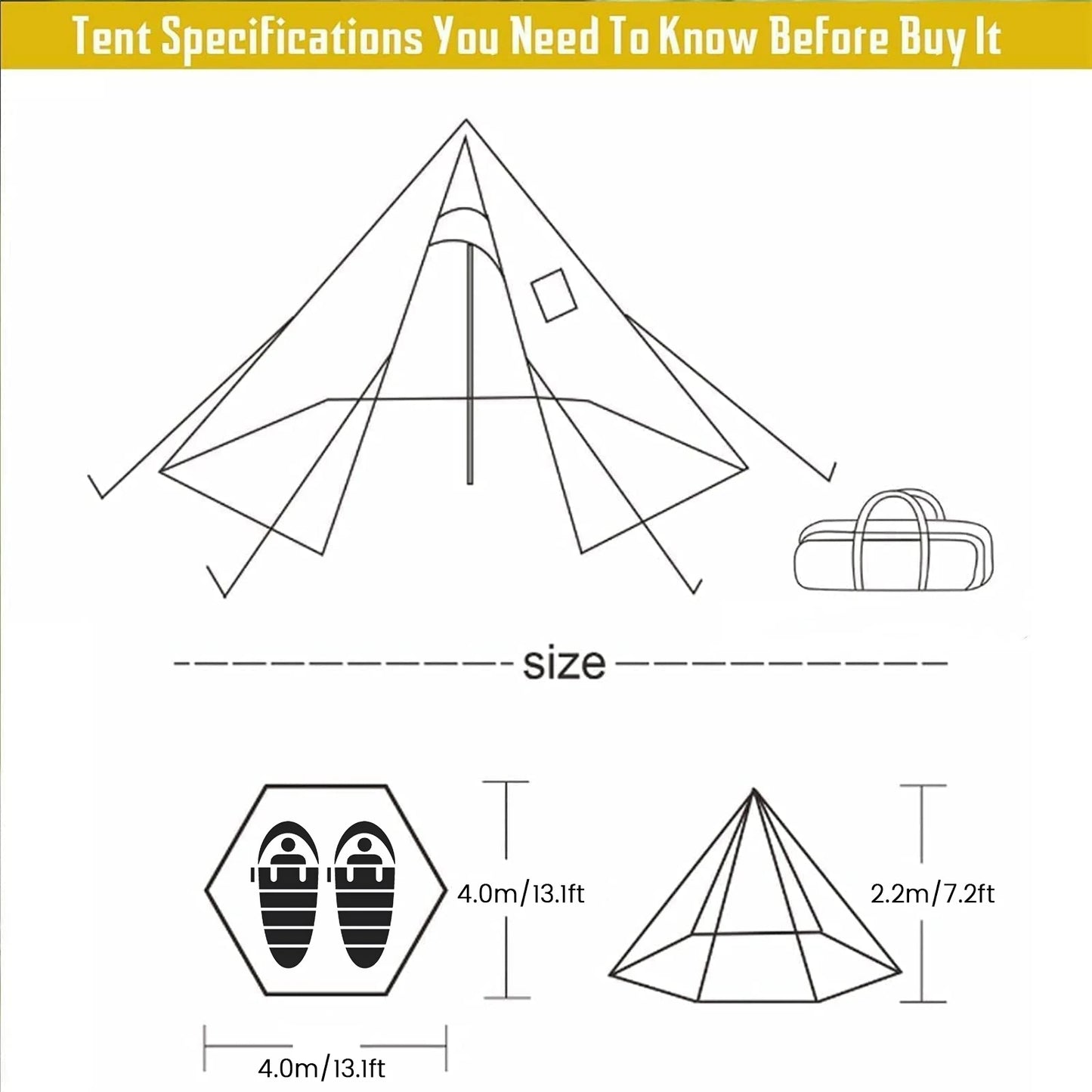 PAKICETUS Hot Tent with chimney mouth and snow skirt，5.24ft~7.21ft Standing Room，2-4 Person, 4 Season Backpacking Tent, Tipi Ten