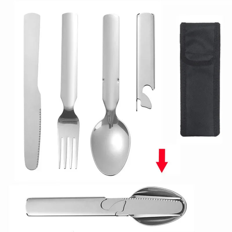 Stainless Steel Portable Tableware Outdoor Camping Multi-functional Fork Spoon Cutlery Set Military Camping Tactical Utensil Kit