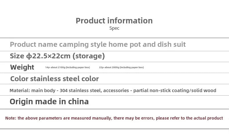 CLS 14PCS 22PCS Camping Cookware Set 304 Stainless Steel Outdoor Portable Picnic Tableware for Household Hiking Bowl Pot Set
