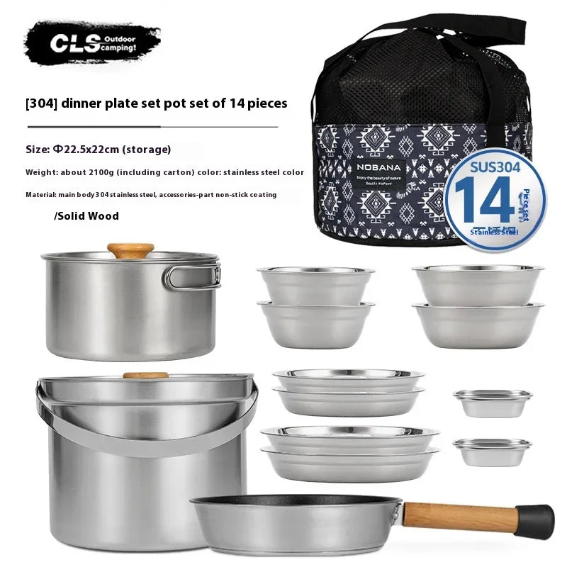 CLS 14PCS 22PCS Camping Cookware Set 304 Stainless Steel Outdoor Portable Picnic Tableware for Household Hiking Bowl Pot Set