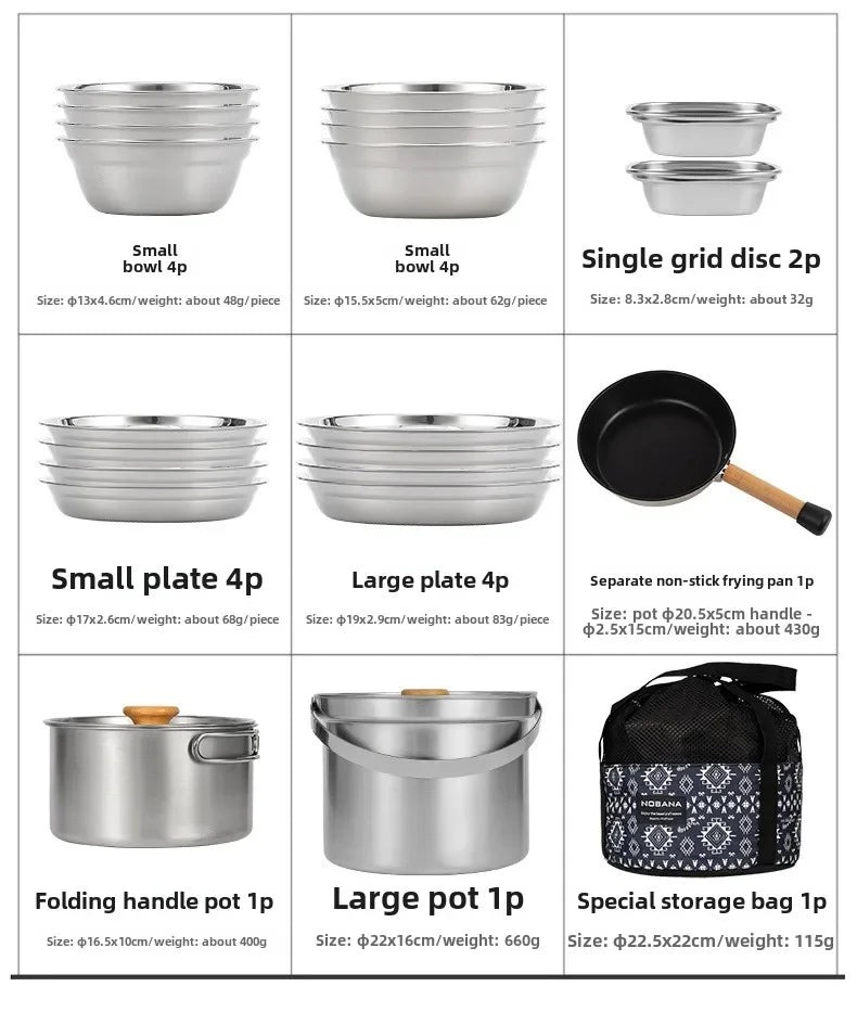 CLS 14PCS 22PCS Camping Cookware Set 304 Stainless Steel Outdoor Portable Picnic Tableware for Household Hiking Bowl Pot Set