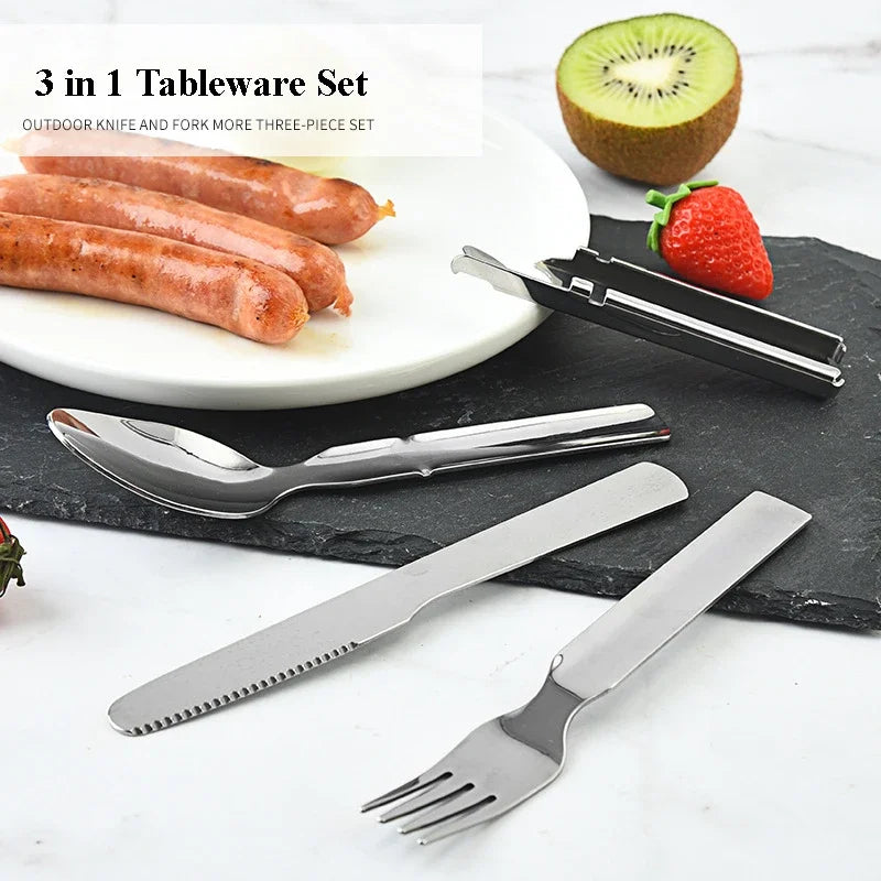 Stainless Steel Portable Tableware Outdoor Camping Multi-functional Fork Spoon Cutlery Set Military Camping Tactical Utensil Kit