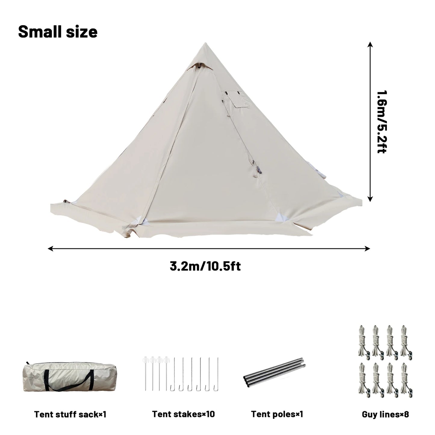 PAKICETUS Hot Tent with chimney mouth and snow skirt，5.24ft~7.21ft Standing Room，2-4 Person, 4 Season Backpacking Tent, Tipi Ten