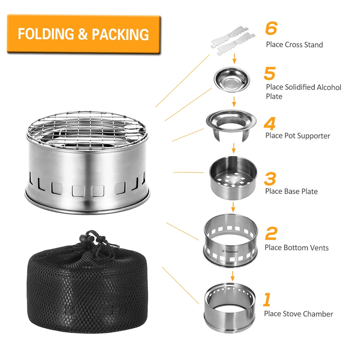 Camping Stove Portable Folding Windproof Wood Burning Stove Compact Stainless Steel Alcohol Stove Outdoor Camping Hiking Picnic