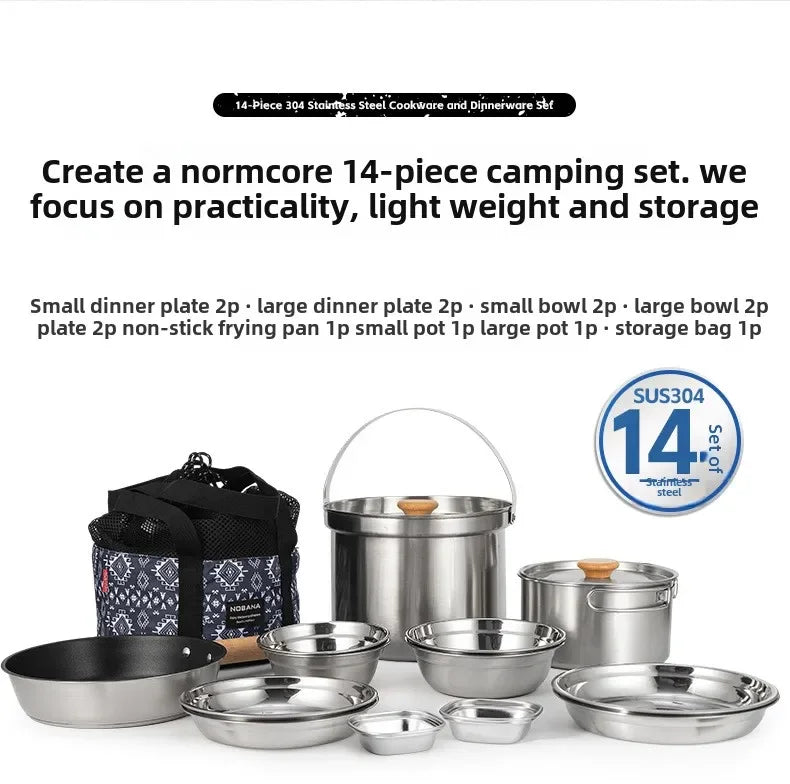 CLS 14PCS 22PCS Camping Cookware Set 304 Stainless Steel Outdoor Portable Picnic Tableware for Household Hiking Bowl Pot Set
