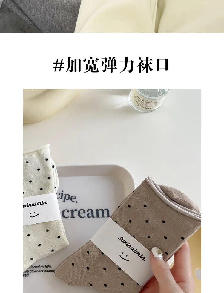 Women's spring summer thin vintage cream curled-edge women's socks polka dot mid-tube socks artistic socks women