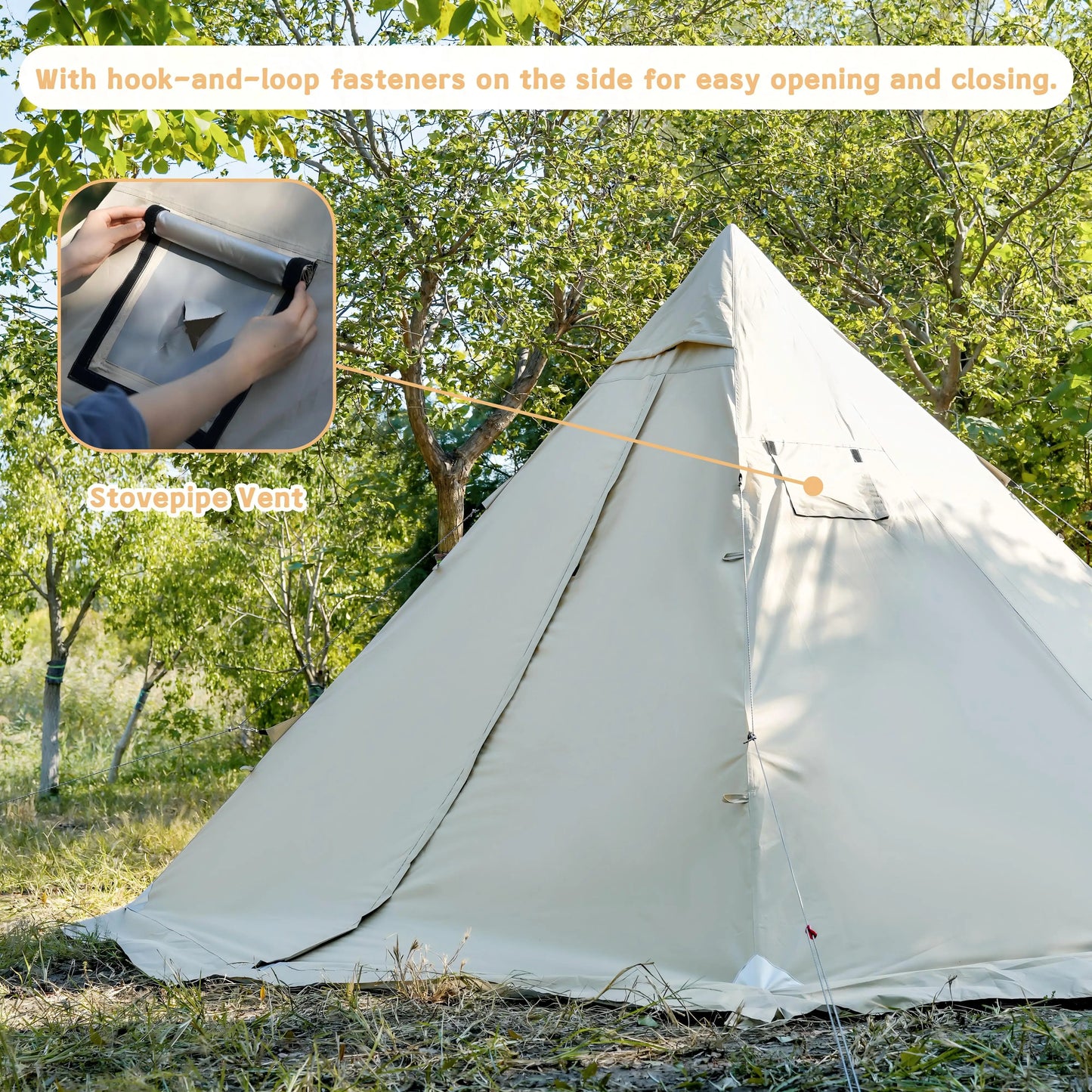 PAKICETUS Hot Tent with chimney mouth and snow skirt，5.24ft~7.21ft Standing Room，2-4 Person, 4 Season Backpacking Tent, Tipi Ten