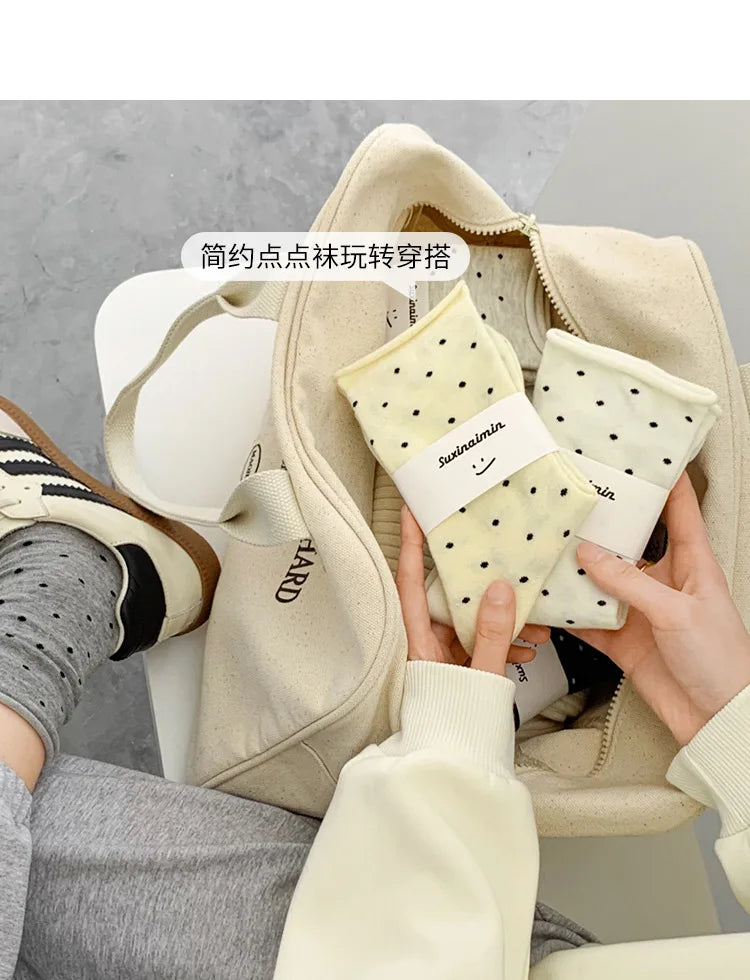 Women's spring summer thin vintage cream curled-edge women's socks polka dot mid-tube socks artistic socks women