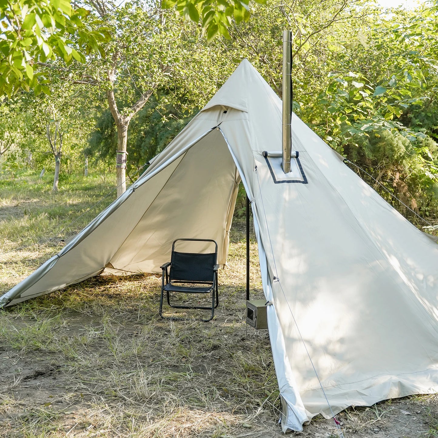 PAKICETUS Hot Tent with chimney mouth and snow skirt，5.24ft~7.21ft Standing Room，2-4 Person, 4 Season Backpacking Tent, Tipi Ten